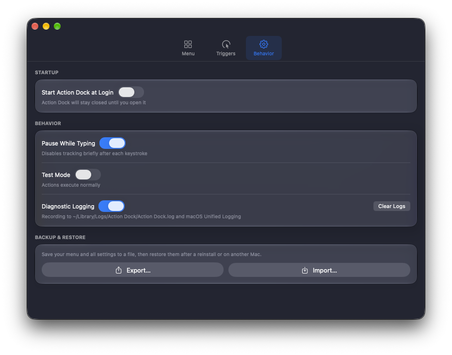 Action Dock Behavior settings with startup, Test Mode, diagnostics and Backup and Restore controls