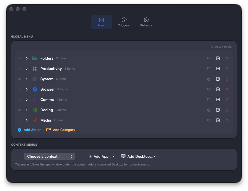 Action Dock Menu settings with the Global Menu editor and Context Menus section
