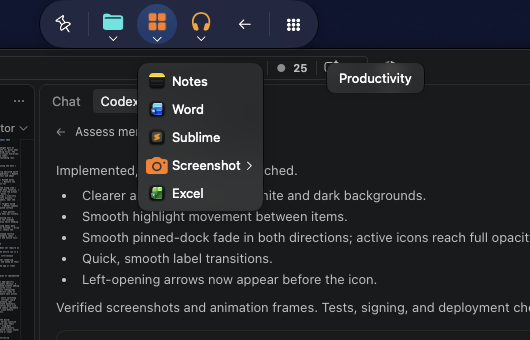 Horizontal Action Dock flush with the top edge over a dark application, with a submenu open