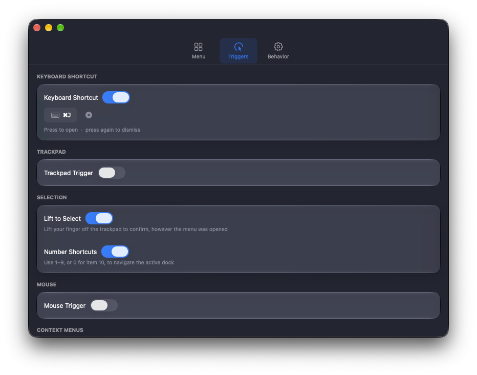 Action Dock Triggers settings showing keyboard, trackpad, selection and mouse controls