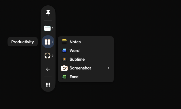 Vertical Action Dock on black with the Productivity submenu visible